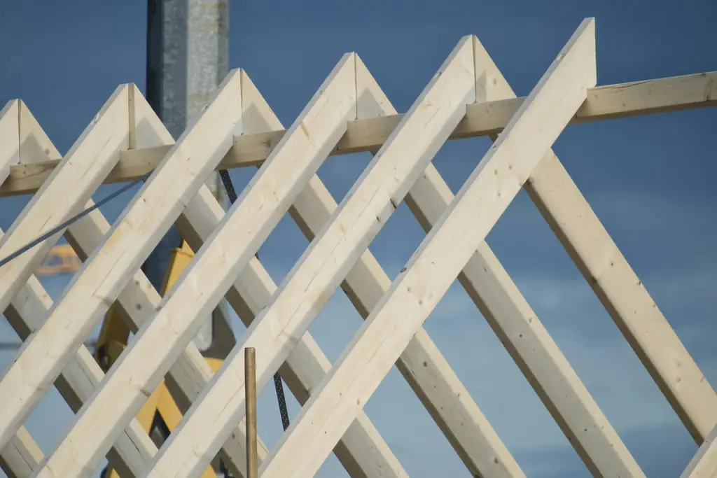 Chevrons de bois clair d'une charpente neuve se découpant sur le ciel bleu
